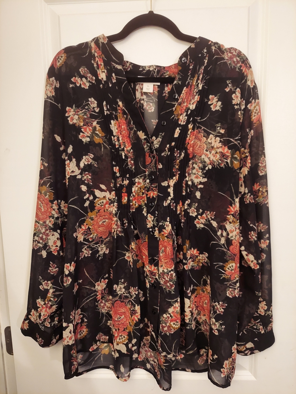 Floral Pintuck Black Sheer Blouse - XL - Style & Co.